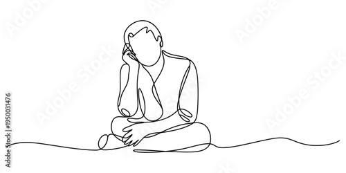 Continuous single line drawing of a pensive young man sitting on the floor in a thoughtful pose