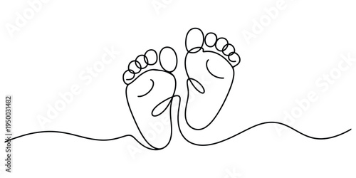 Minimalist continuous line drawing of a pair of cute baby feet for a nursery art design concept