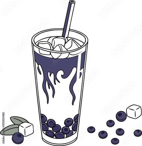 Blueberry blue layered milk drink in glass, creamy fruity beverage with vibrant blue color.