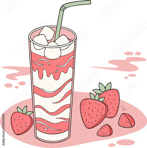 Strawberry pink layered milk drink in glass, creamy fruity beverage with soft pastel aesthetic.