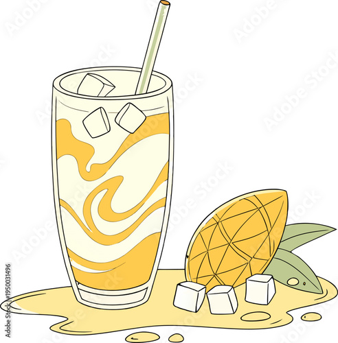 Mango lassi drink in glass with green straw, creamy healthy yogurt beverage isolated.