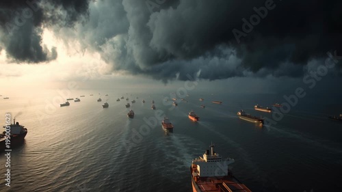 crowded tanker ships navigating Strait of Hormuz during global energy tension, dark clouds above ocean, cinematic maritime realism, Massive storm clouds loom above the ocean. Cargo ships navigate calm