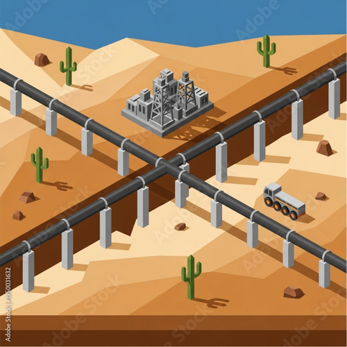 Desert oil pipeline and refinery isometric illustration.