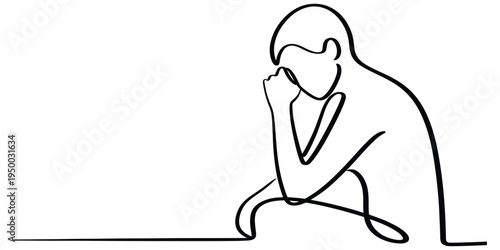 Minimalist single continuous line drawing depicting a thoughtful person in a pensive sitting pose