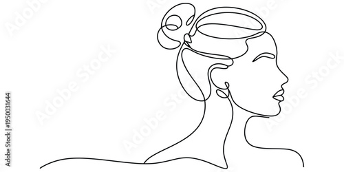 Minimalist continuous line drawing of a woman in profile with an elegant hairstyle and bun updo