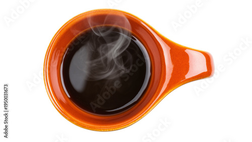 Foto Isolated top view of a steaming hot dark coffee beverage in an orange ceramic cu