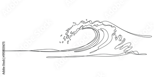 A minimalist black and white line art drawing depicting a powerful ocean wave cresting in motion
