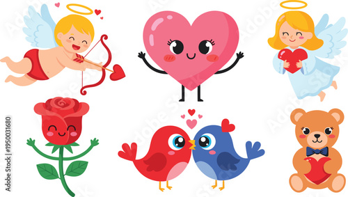 Cute Valentine’s Day Characters Set with Cupid, Angels, Love Birds, Heart Balloons, and Roses, Perfect for Love-Themed Gifts and Cards