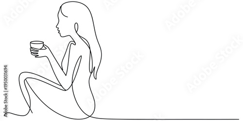 Minimalist continuous line drawing of a woman sitting and holding a cup of hot beverage in hand