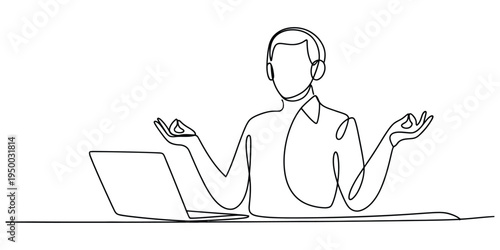 A continuous line drawing of a customer support agent practicing meditation at their office desk