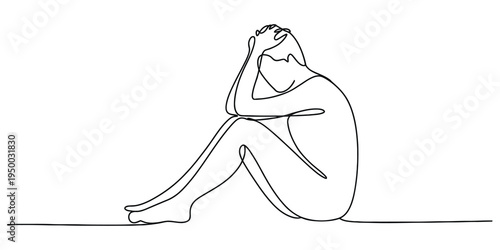 A continuous line drawing of a person sitting in a fetal position showing deep emotional distress