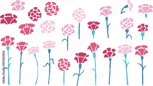 母の日のカーネーションイラスト。赤いカーネーションのフレームセット。Mother's Day carnation illustration. Red carnation frame set.