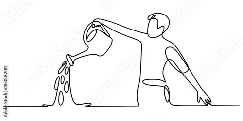 Continuous line drawing of a person carefully watering a small plant with a handheld watering can