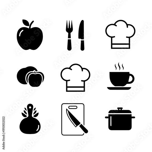 Comprehensive set of black glyph cooking and kitchen utensil icons for culinary design projects and food-related applications