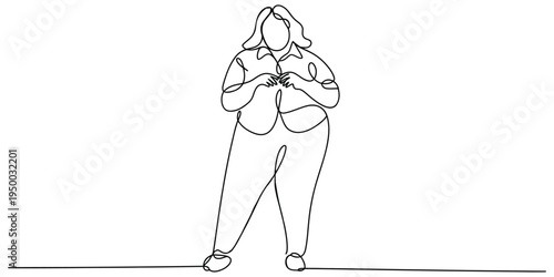 Continuous single line drawing of a plus size woman standing and using her smartphone device