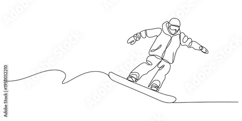 A single continuous line drawing of a person snowboarding down a snowy mountain slope in winter