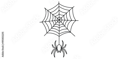 A detailed illustration of a small spider hanging from a circular woven spider web in black lines