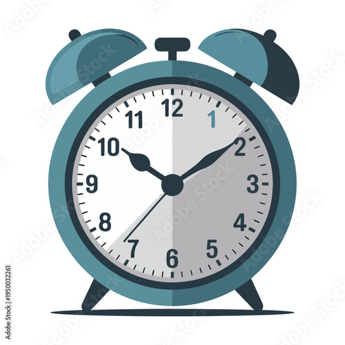 Classic blue vector alarm clock with twin bells and a white face showing the time