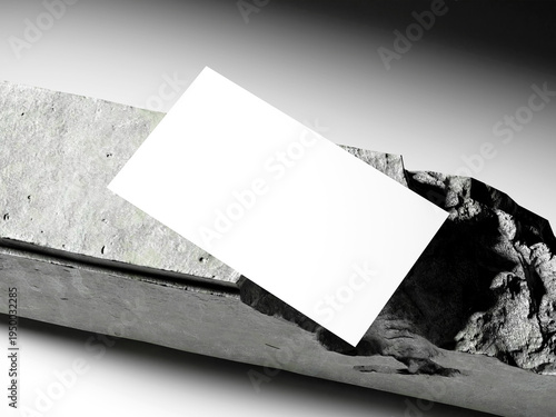 White business card mockup resting on a broken concrete beam, light background.