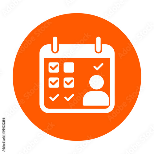 Vector of a calendar with checklist items and a person icon in an orange circle