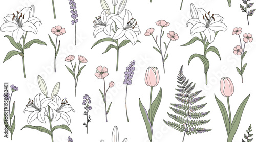 Elegant Floral Pattern Featuring Lilies, Tulips, Lavender, and Ferns for Spring and Nature-Inspired Home Décor