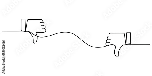 Continuous single line drawing showing two hands performing a thumbs down gesture of disapproval