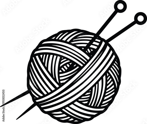 Ball of yarn with knitting needles illustration, handmade craft knitting symbol, crochet wool thread icon, hobby vector design