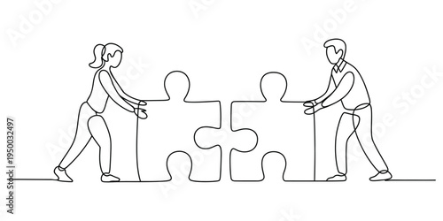 A man and a woman joining two large puzzle pieces together in a continuous single line drawing
