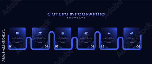 Dark Tech Liquid Glassmorphism Infographic Vector, 6 Step Workflow Flowchart with Icons and Numbers for Business Pitch Deck, Presentation Layout, Banner Background, and Data Visualization