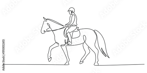 Continuous line drawing of a horseback rider wearing a helmet and sitting on a saddled horse