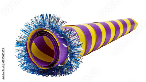 Obraz na płótnie Isolated party horn or noisemaker with blue tinsel fringe and yellow and purple