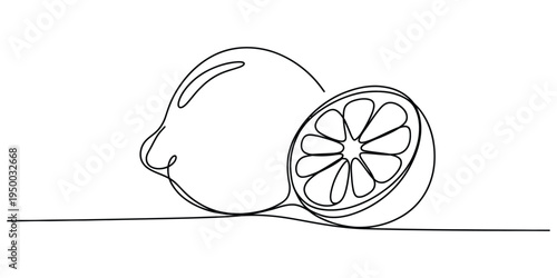 A single continuous line drawing of a whole fresh lemon and a sliced lemon half for food art