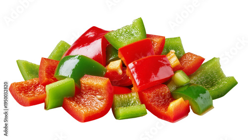 Isolated fresh vibrant diced red and green bell peppers heap ready for cooking