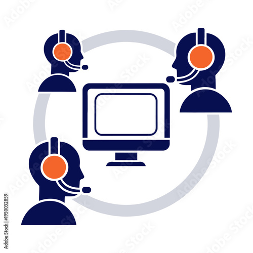 Vector of three customer support agents wearing headsets around a central computer monitor