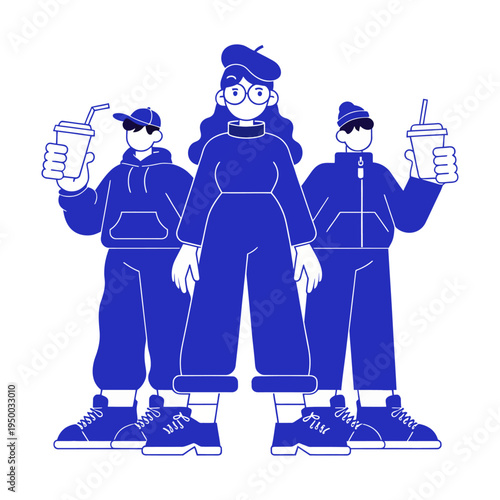 Vector of three people wearing casual clothes and holding beverage cups