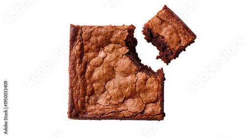 Photography Isolated delicious chocolate brownie square with a bite taken out, sweet baked d