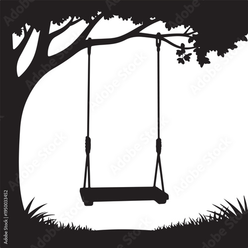 Black Silhouette Swing Hanging from Tree Branch on White Background