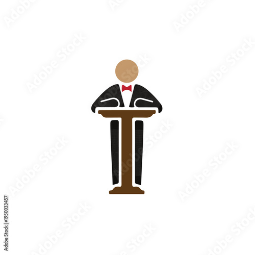 Vector illustration of a man in a suit speaking at a podium with a microphone while holding a book as a conference speaker icon design