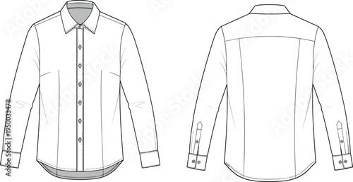 Long sleeve button down shirt technical fashion sketch, front and back CAD design, flat vector apparel illustration, sewing template drawing