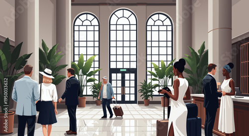 Professional Vector Illustration of a Busy Hotel Lobby with Diverse Guests and Staff Interacting