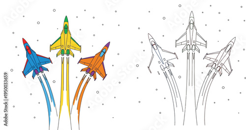 Colorful Military Fighter Jets Flying Upwards Vector Illustration and Black and White Line Art Outline for Coloring Book Page