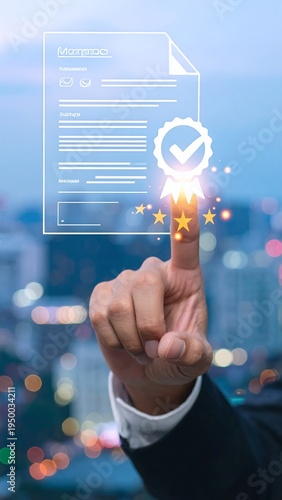 Businessman touching virtual document with checkmark and stars, representing quality assurance and business excellence.
