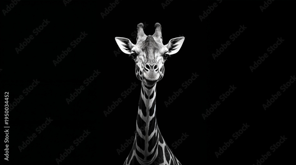 Obraz premium Black and white giraffe portrait isolated on dark background