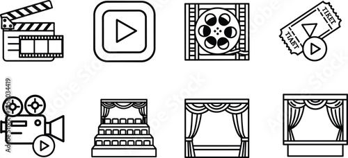 Cinema and movie icons set, film reel camera ticket play button theater stage symbols, entertainment vector line illustration