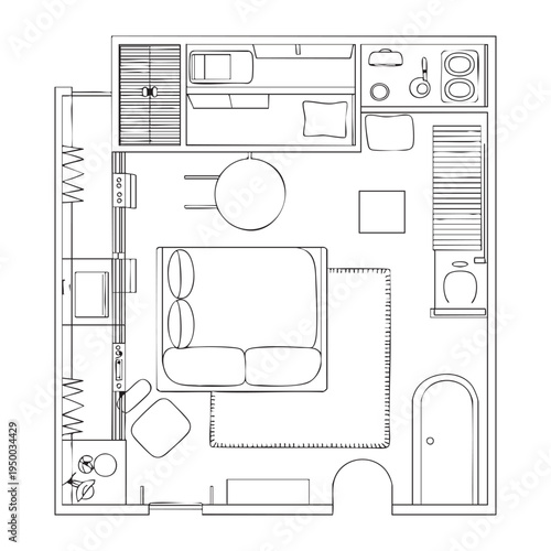 Black and white floor plan of a studio apartment with furniture and fixtures