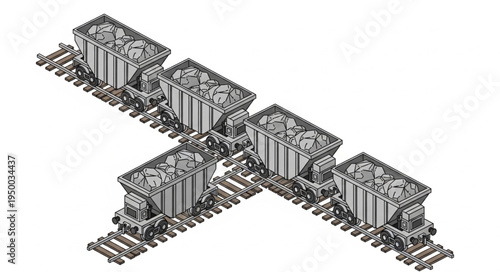 Five Coal Mining Carts on Railroad Tracks.