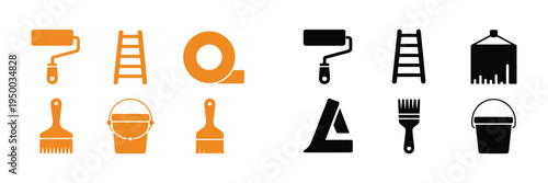 Painting Tools organized composition featuring roller, paint brushes, cleaning cloth, masking tape, ladder, and bucket, bright orange and gray colors for home improvement concept.