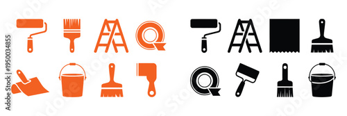 Painting Tools organized composition featuring roller, paint brushes, cleaning cloth, masking tape, ladder, and bucket, bright orange and gray colors for home improvement concept.