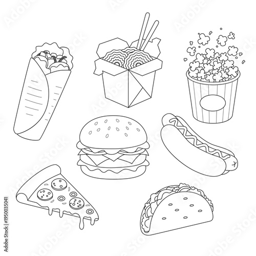 A collection of fast food items: shawarma, Asian noodles, popcorn, hamburger, hot dog, pizza slice, and doner kebab. Traditional street food. Coloring page. Outline vector illustration