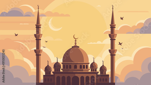 A mosque with two minarets and a dome